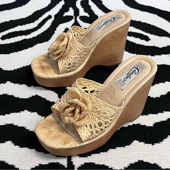 Candies Vintage 90s Y2K Raffia Straw Woven Chunky Wedge Platform Sandals - Picture 1 of 13